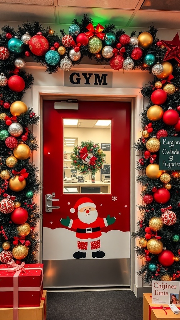 Christmas Door Decorating Contest Ideas for Gyms A gym door decorated with Christmas ornaments, lights, and a winter theme.